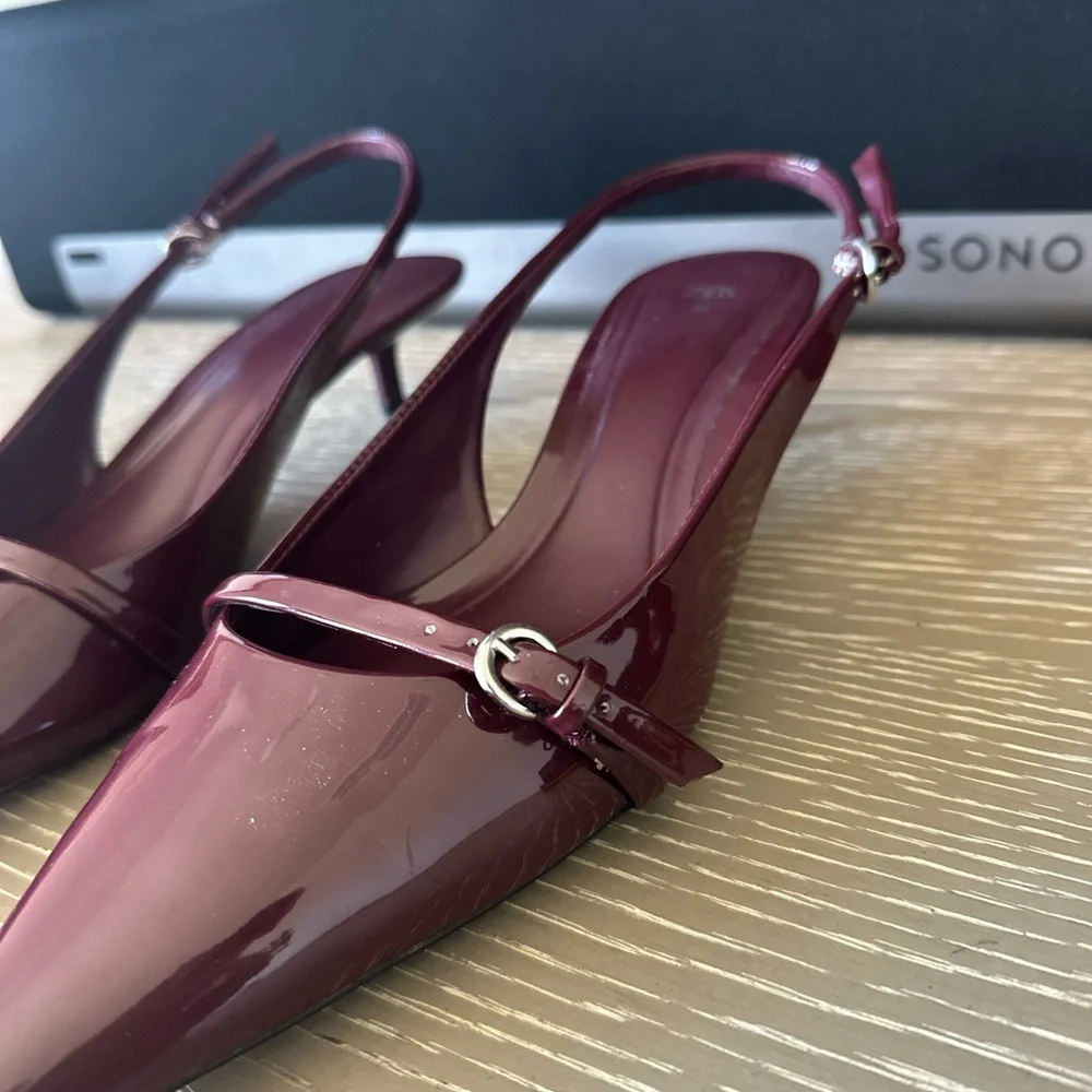 Zara Burgundy Patent Pointed Slingback Heels - Picture 3 of 6